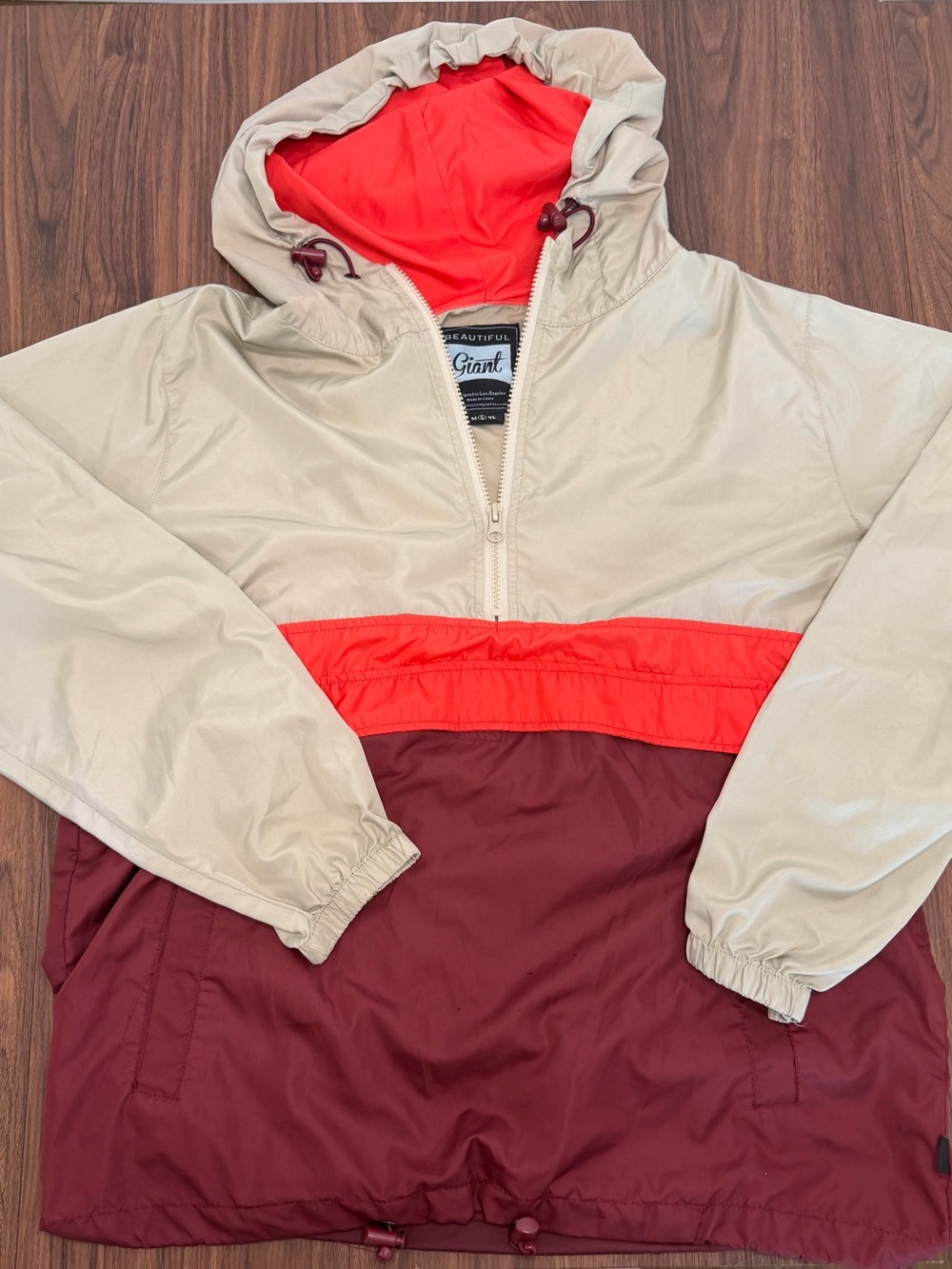Giant Beige & Burgundy Lightweight Hooded Pullover Jacket with Red Accent